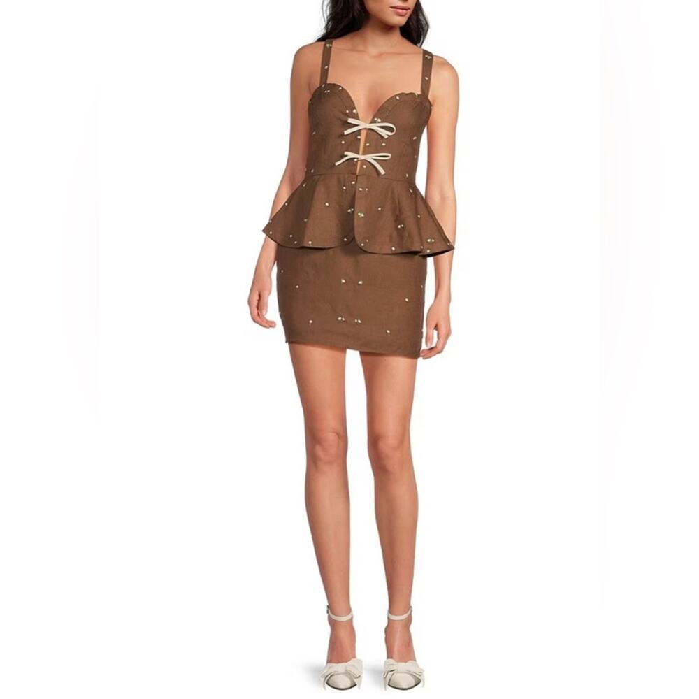Fanm Mon $388 Helaina Floral Embroidered Brown Mini Dress Size L